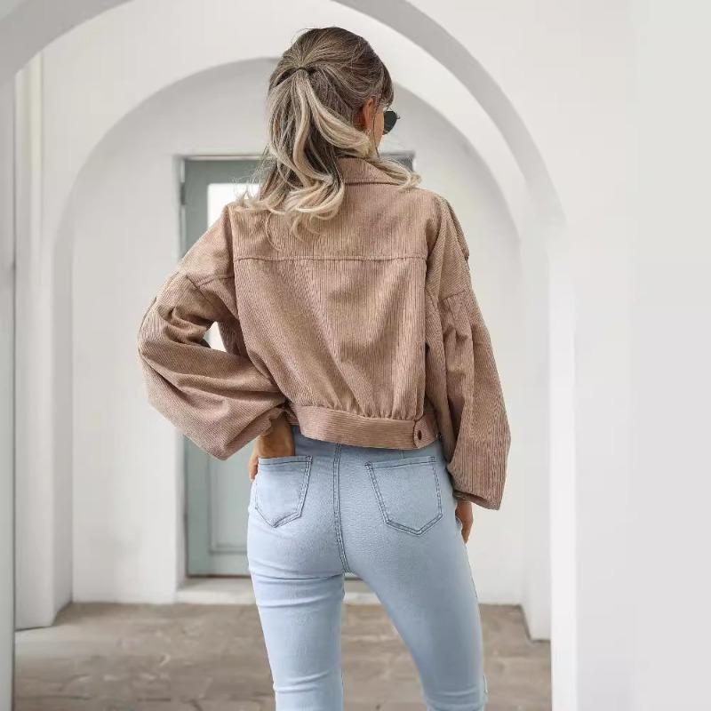 Женская повседневная вельветовая куртка с лацканами, осенне-зимняя однобортная короткая куртка с рукавами-фонариками