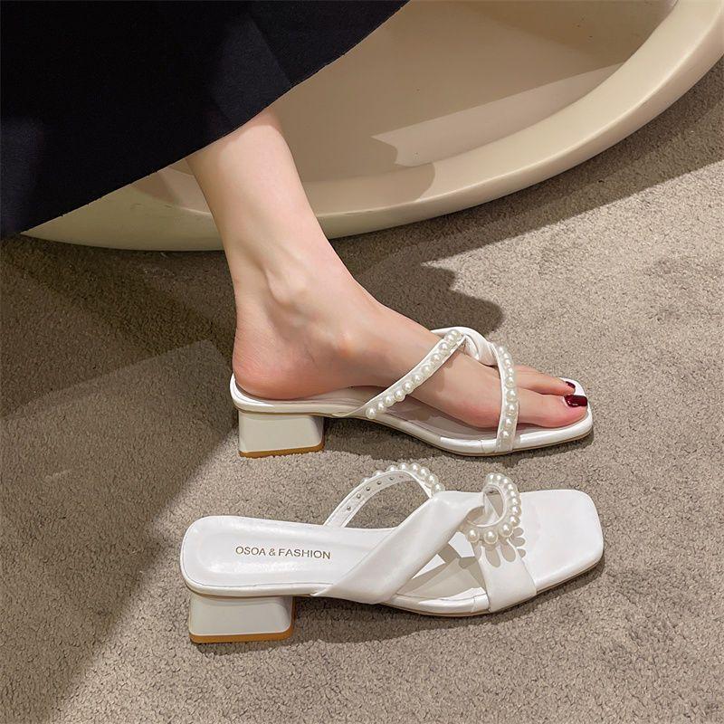 Sandals Summer 2025 Pearl Low-heeled Slippers Thick-heeled Versatile Fairy Wind Summer One-word Thick-heeled Sandals