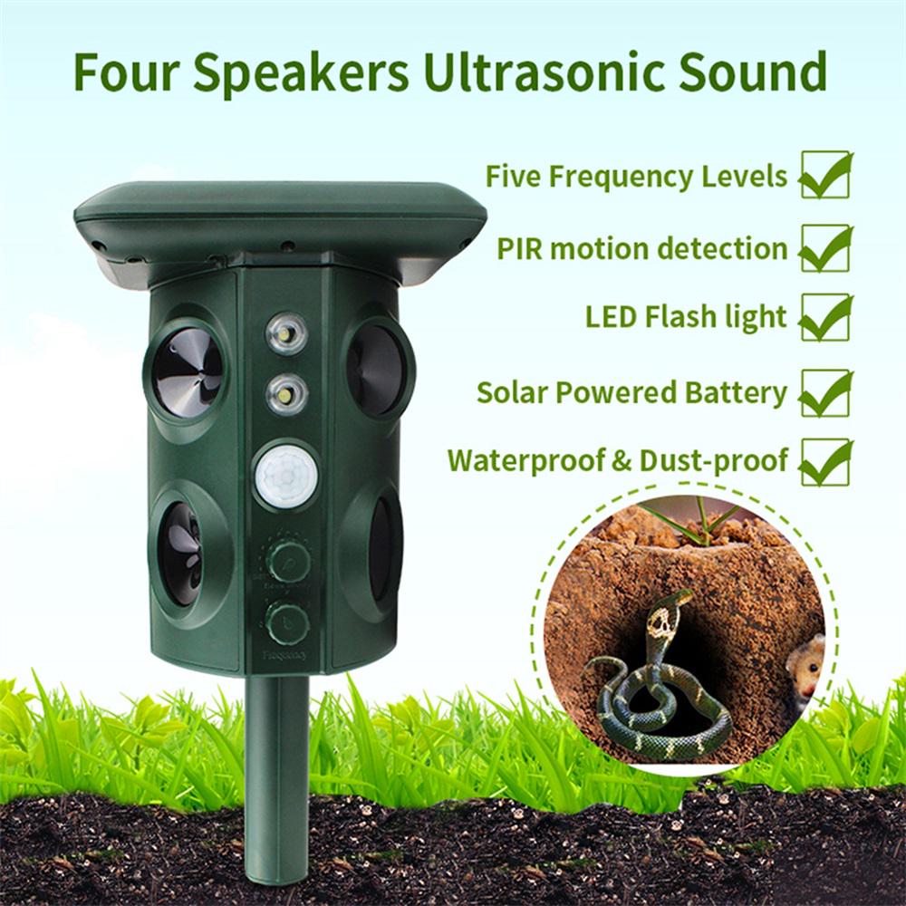 Solar Ultrasonic Animal Pest Repeller Outdoor Four Speakers Mechanical Wave Frequency Scare LED PIR