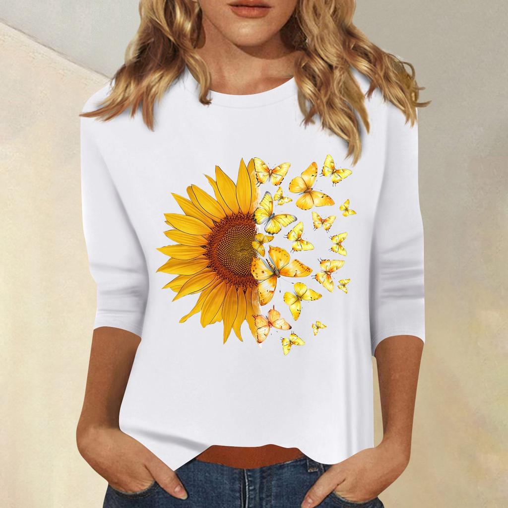 Женская мода повседневный принтованный топ с семью рукавами и круглым вырезом