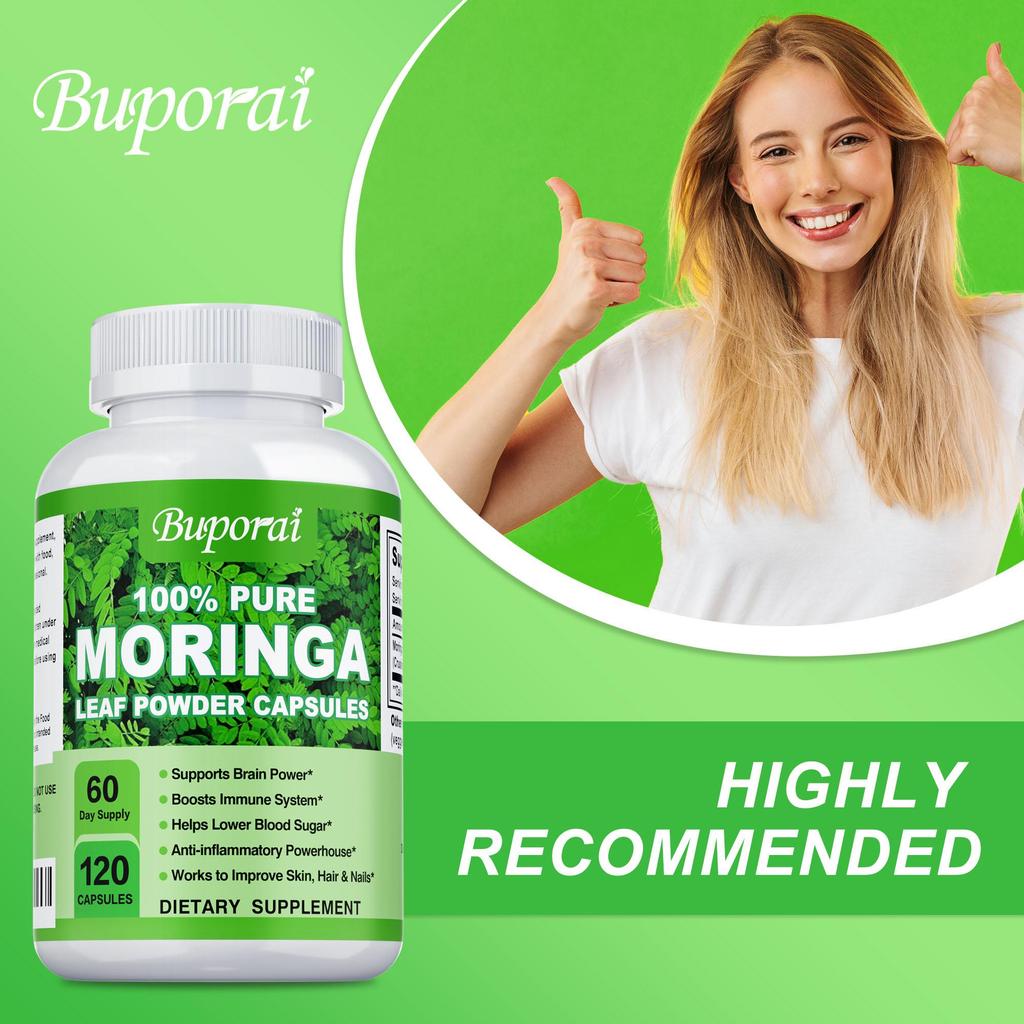 Moringa Capsules, 120 vegan moringa leaf powder capsules, an anti-inflammatory supplement that boosts the immune system, energy, and brain function.