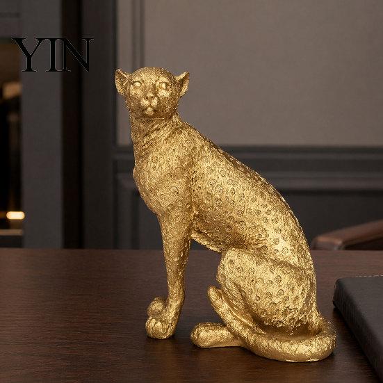 Office Desktop Decoration Golden Leopard Figurine Model, Vivid Statue, Squatting Running Posture, Resin Decorative Ornament for TV Stand Entryway
