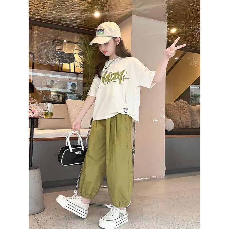 Летний костюм для девочек с тонкими брюками с девятью точками, блузка с буквами для больших девочек, костюм-двойка с шароварами