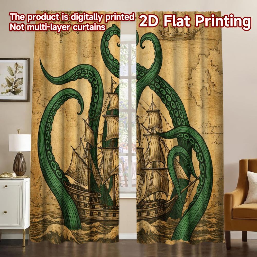 2D FLAT PRINTING 2pcs Curtains (Without Rod) Ship vs Sea Monster Pattern Modern Curtains Durable 100% Polyester Fabric Curtains