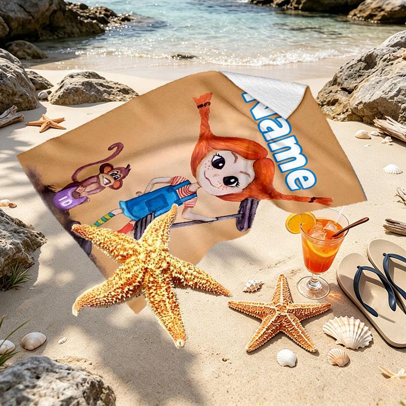 Custom Name Personalized Pippi Longstocking Print Beach Towel, for Trip Camping Beach Party Home Decor, Birthday Gift for Family & Friends
