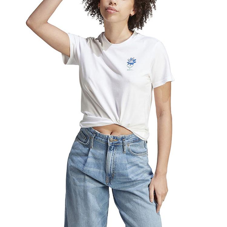 Adidas Однотонный свитер с круглым вырезом, спортивный стиль, короткий рукав, футболка, женские топы, белый IB4875