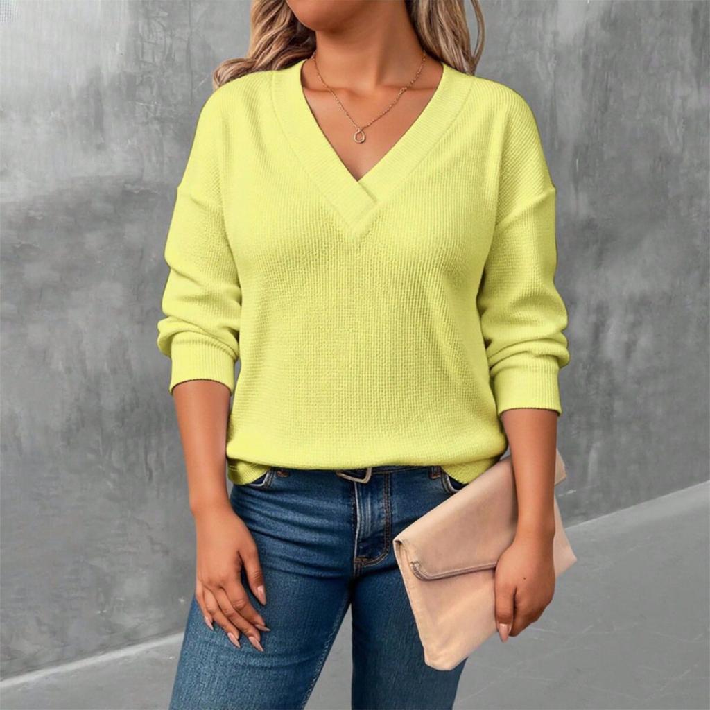 Женская удобная свободная модная повседневная однотонная футболка с V-образным вырезом и длинным рукавом большого размера