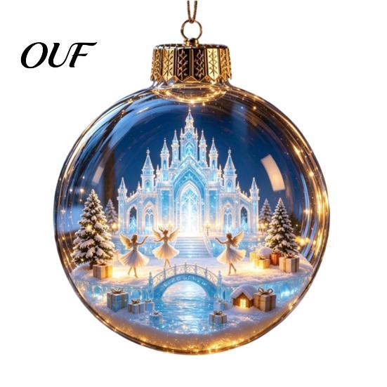 Miniature Christmas Scene Pendants 3D Acrylic Faux Crystal Ball Ornament, Lighted Reindeer Sleigh Seasonal Party Hanging Ornaments Snow Decor