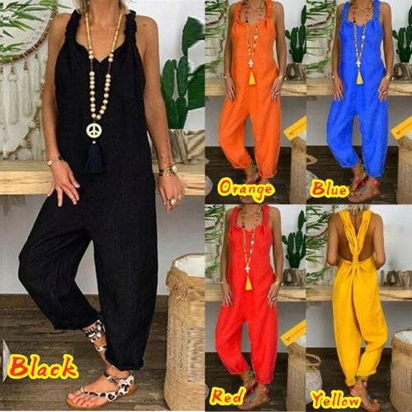 Women Casual Loose One-piece Suspender Pants Summer Solid Color Sleeveless Baggy Rompers Classic Long Overalls Jumpsuits