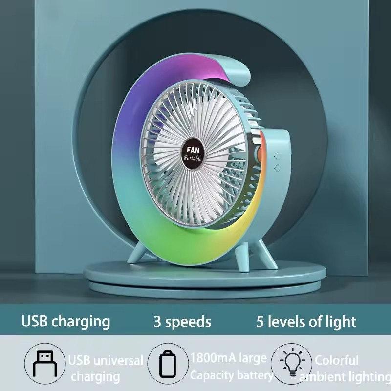 USB Desk Fan 3 Speeds with Colorful Light Personal Fan 180 Degree Rotatable Desktop Fan for Home Office Bedroom Dorm Summer Gift