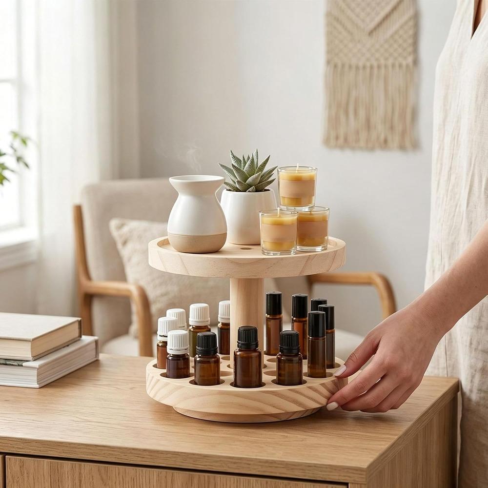 Round Rotating Base Essential Oil Storage Box Pine Wood Wooden Essential Oil Rack  Essential Oils