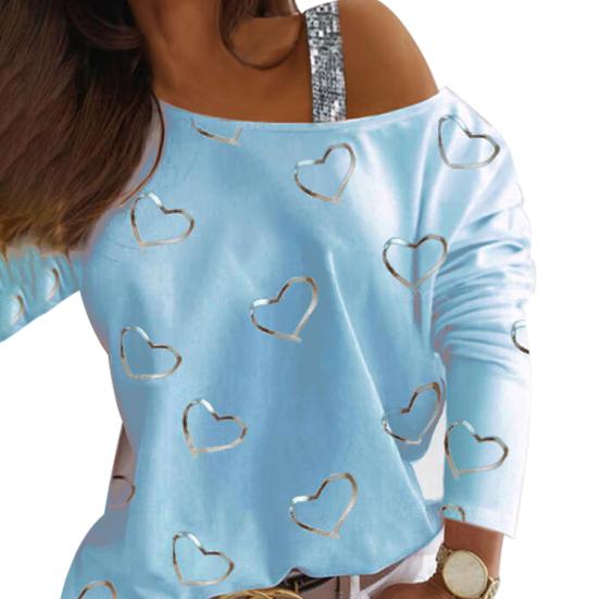 Женская блузка с длинным рукавом в форме сердца и принтом с золотым тиснением и блестящими блестками, футболка на одно плечо, пуловер для