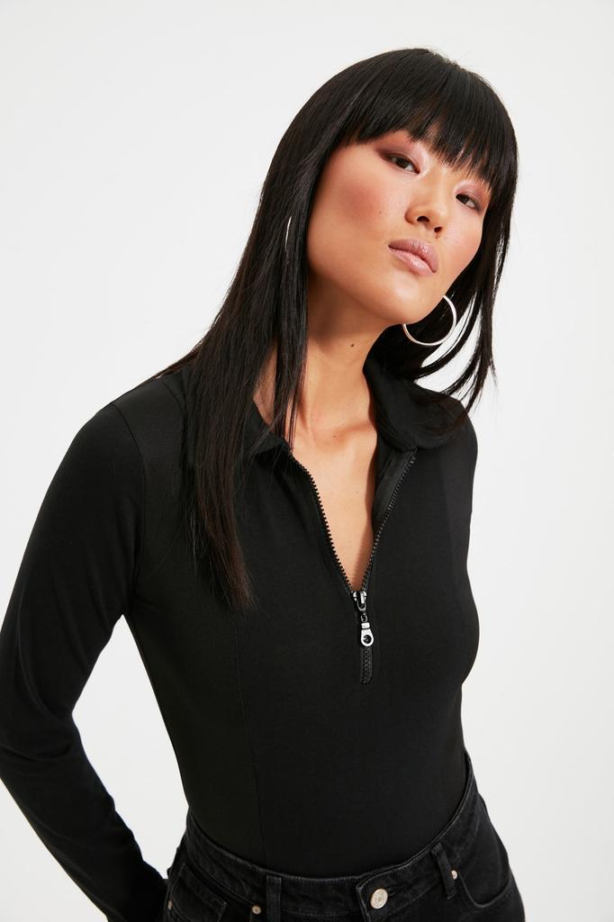 Women's Fashion New Bodysuit Black Zippered Polo Neck Fitted Stretchy Knitted Bodysuit with Snap Fasteners