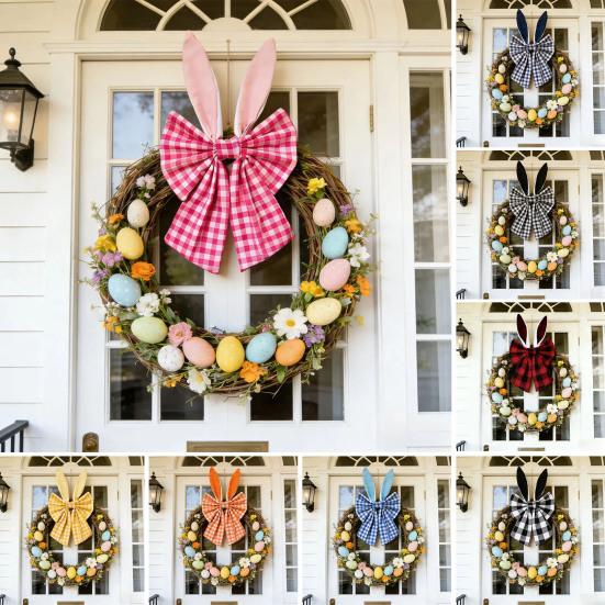 16 Inch Easter Bunny Ear Bow Rustic Buffalo Plaid Bow for Wreath Spring Holiday Decorative Fabric Bow for Tree Topper Front Door Wall Window Home