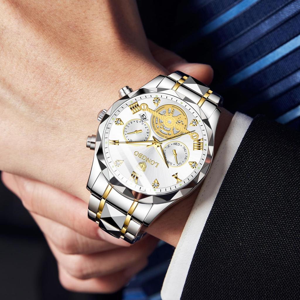 Часы Стильные наручные часы с хронографом Business Quartz из нержавеющей стали с сапфировым стеклом Водонепроницаемые светящиеся синие часы для мужчин мужские часы Лучший подарок