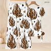 Women Plus Size White Printed Two Piece Set Round Neck Short Sleeve Knot Hem Top Long Pants