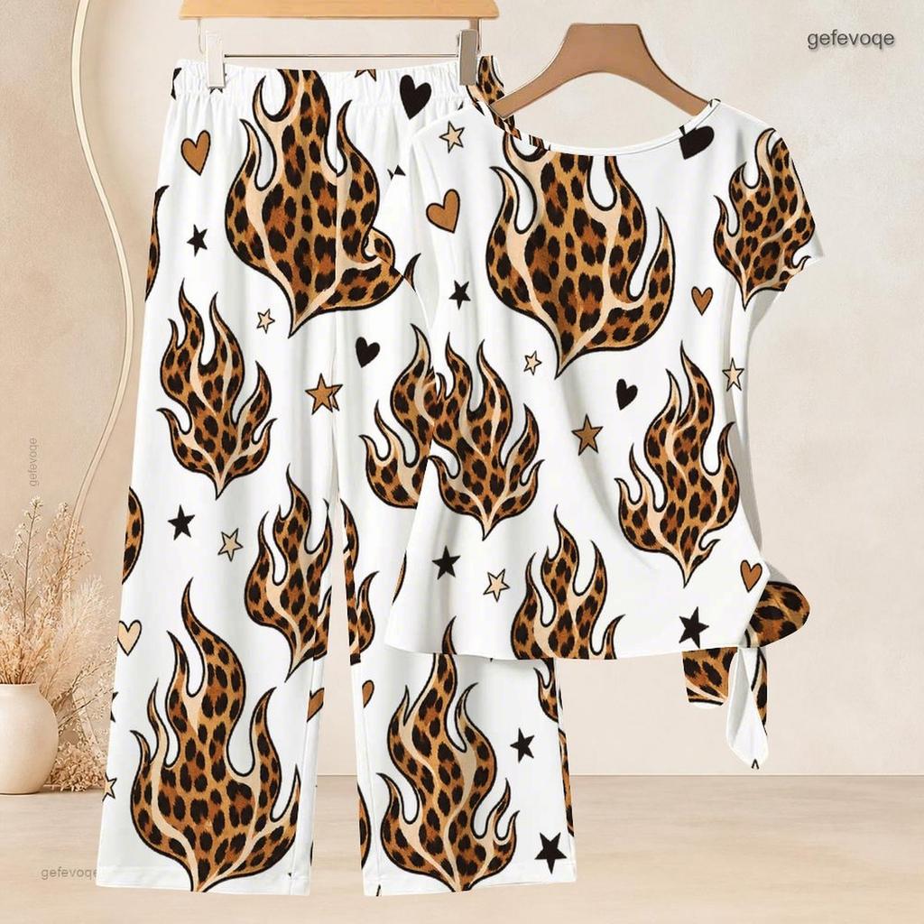 Women Plus Size White Printed Two Piece Set Round Neck Short Sleeve Knot Hem Top Long Pants