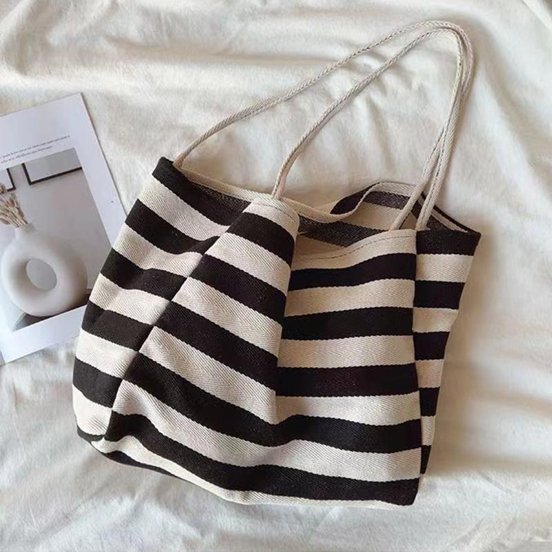 Casual Style Women’s Handbags New Fashion Large Capacity Striped Canvas Underarm Shoulder Bags Ladies Commuter Totes CLE