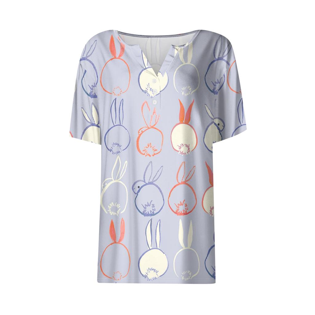 Women's Casual Print V-Neck Short Sleeve Decorative Button T-Shirt Top