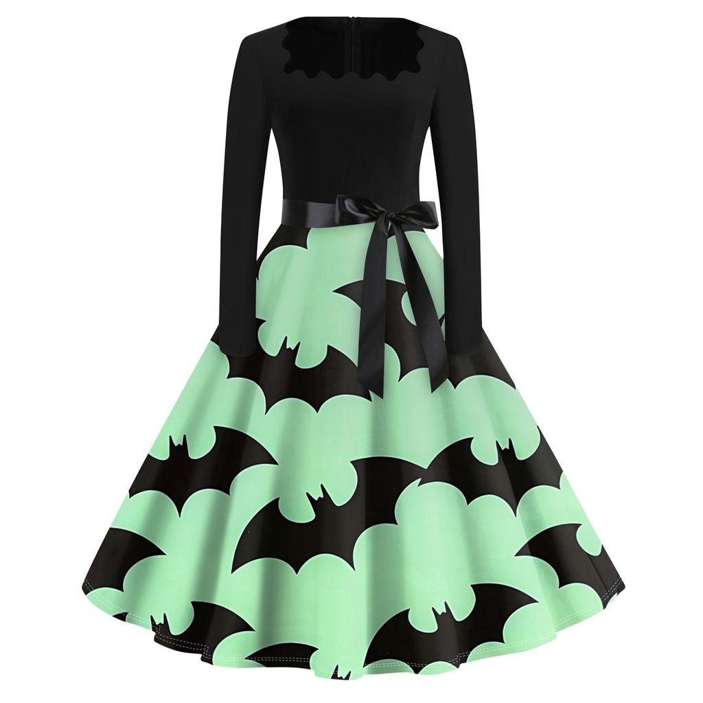 Платье с расклешенным принтом на Хэллоуин для женщин, платье с длинным рукавом, полые вечерние повседневные платья