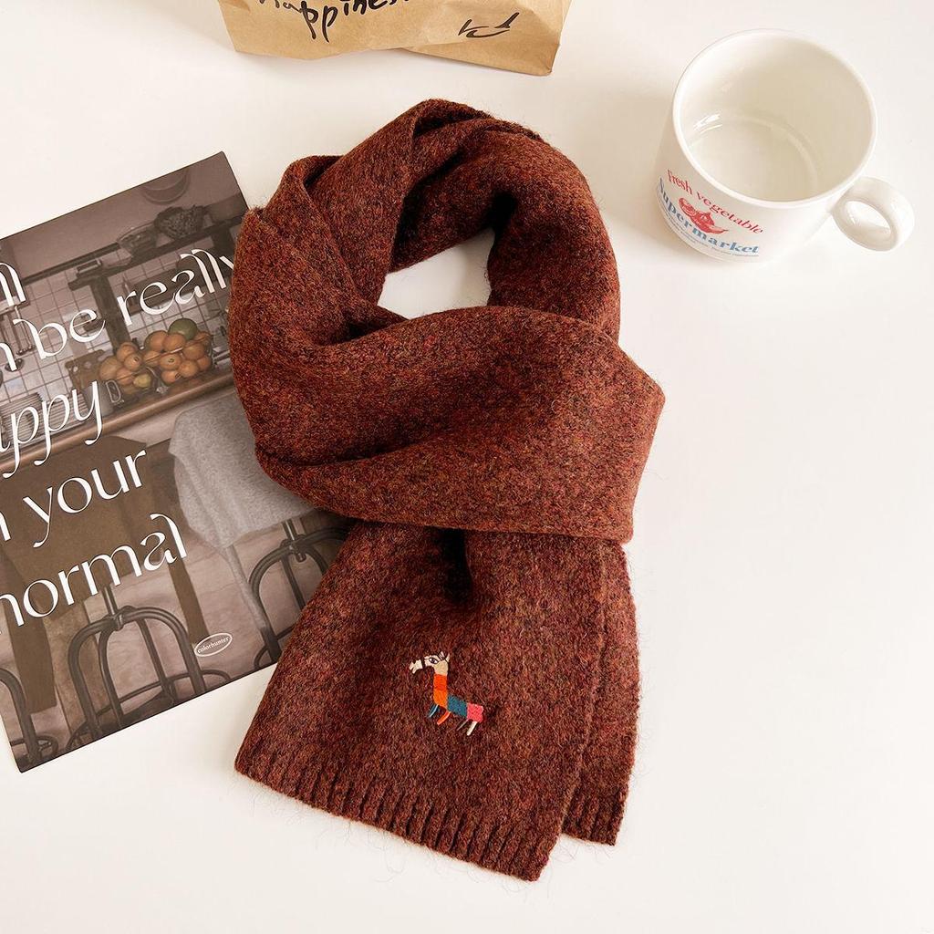 2024 Autumn/Winter Korean Knitted Wool Scarf - Women's Warm, Thick, Embroidered Design