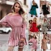 Spring Women Slim Velvet Ruffle Mini Dress Solid Long-sleeve Dresses