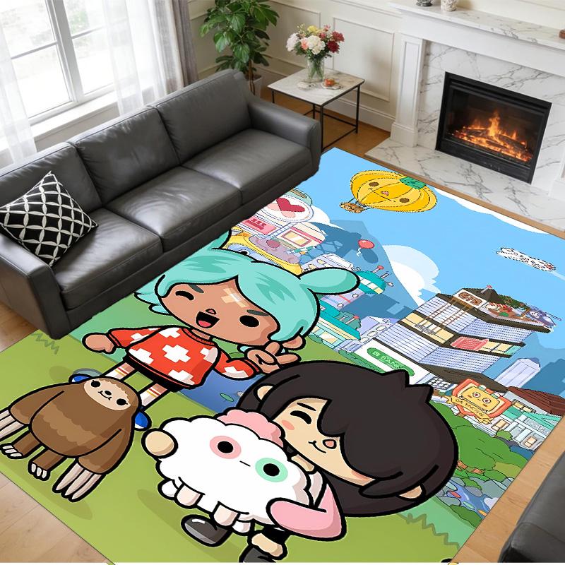 Anti‑Slip Crystal Velvet Floor Rug, Toca Boca World Design Carpet for Indoor Living Bedroom Home Decoration