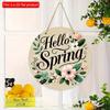 2D Flat 20*20cm1pc Hello Spring Green Leaves and Flowers Patterns Wooden Hanging Sign Spring Rustic Round Art Plaques Sign for Toilet Home Living Room