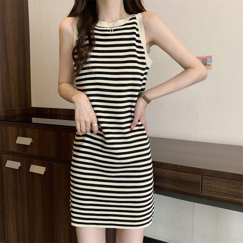 Корейское ретро-полосатое платье-безрукавка - летний стиль для женщин, милая и стильная узкая юбка на бедрах