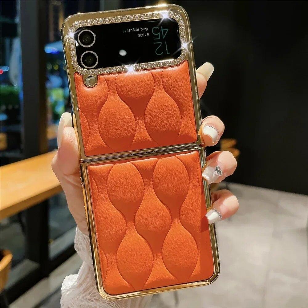 Роскошный чехол с золотым блеском и бриллиантами для Samsung Z Flip 3 Flip 5, мягкий кожаный чехол в полоску в клетку для Samsung Galaxy Z Flip 4