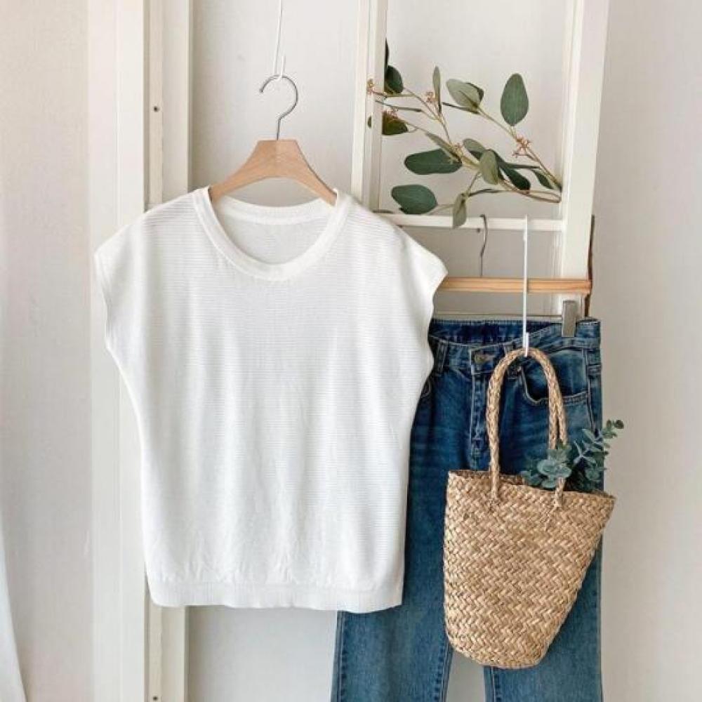 New Arrivals Open Run Women Viscose Round Neck Cap Sleeve STripe KniT T shirT