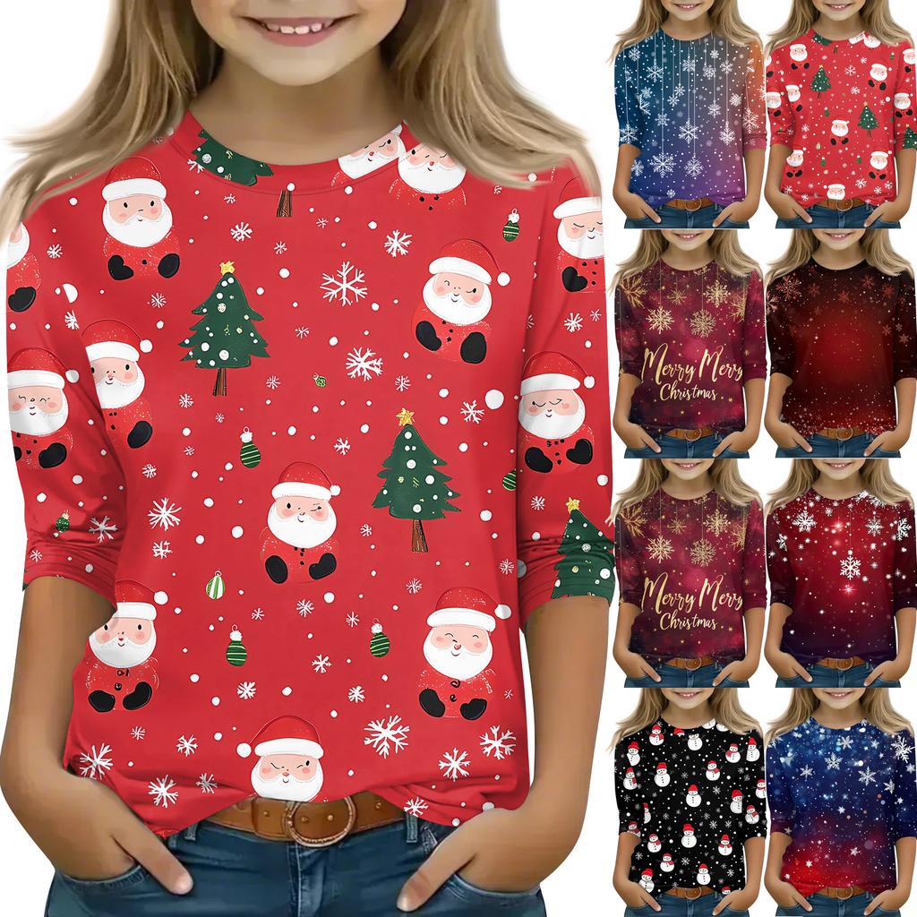 Children's 3/4 Sleeve Tops Casual Christmas Print T Shirt Round Neck Pullover Blouse