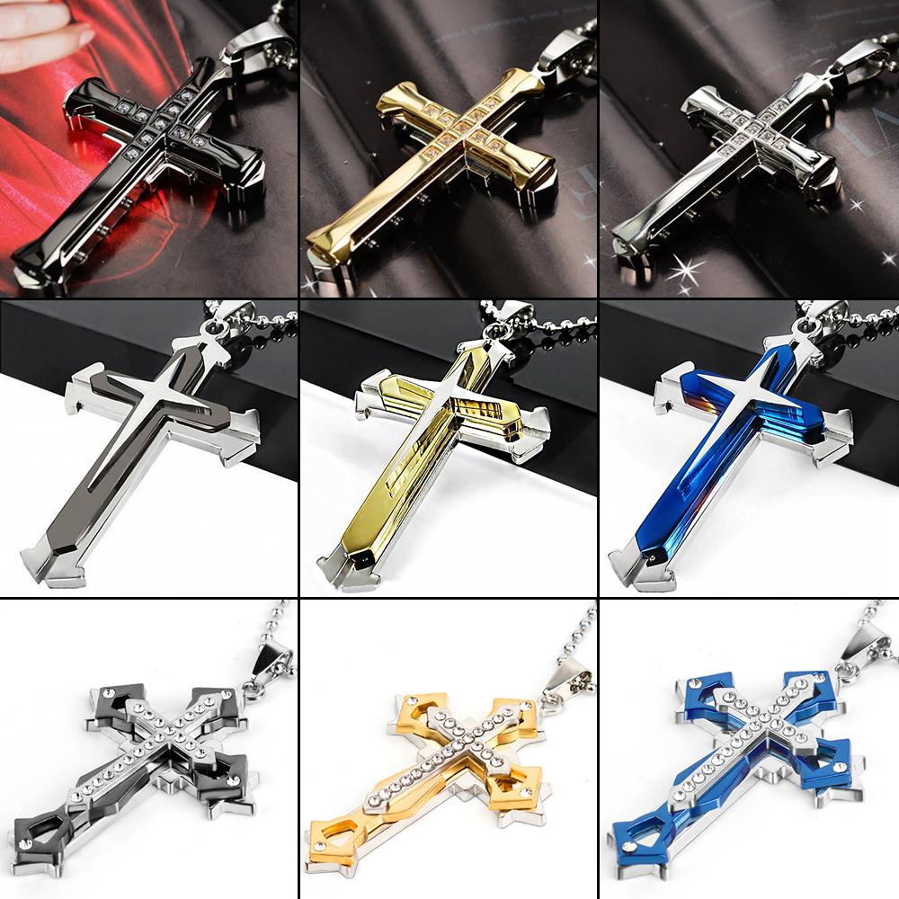 New Cross Pendant Necklace For Men Simple Cool Zircon Black Gold Color Stainless Steel Chain Hip Hop Punk Jewelry Gift