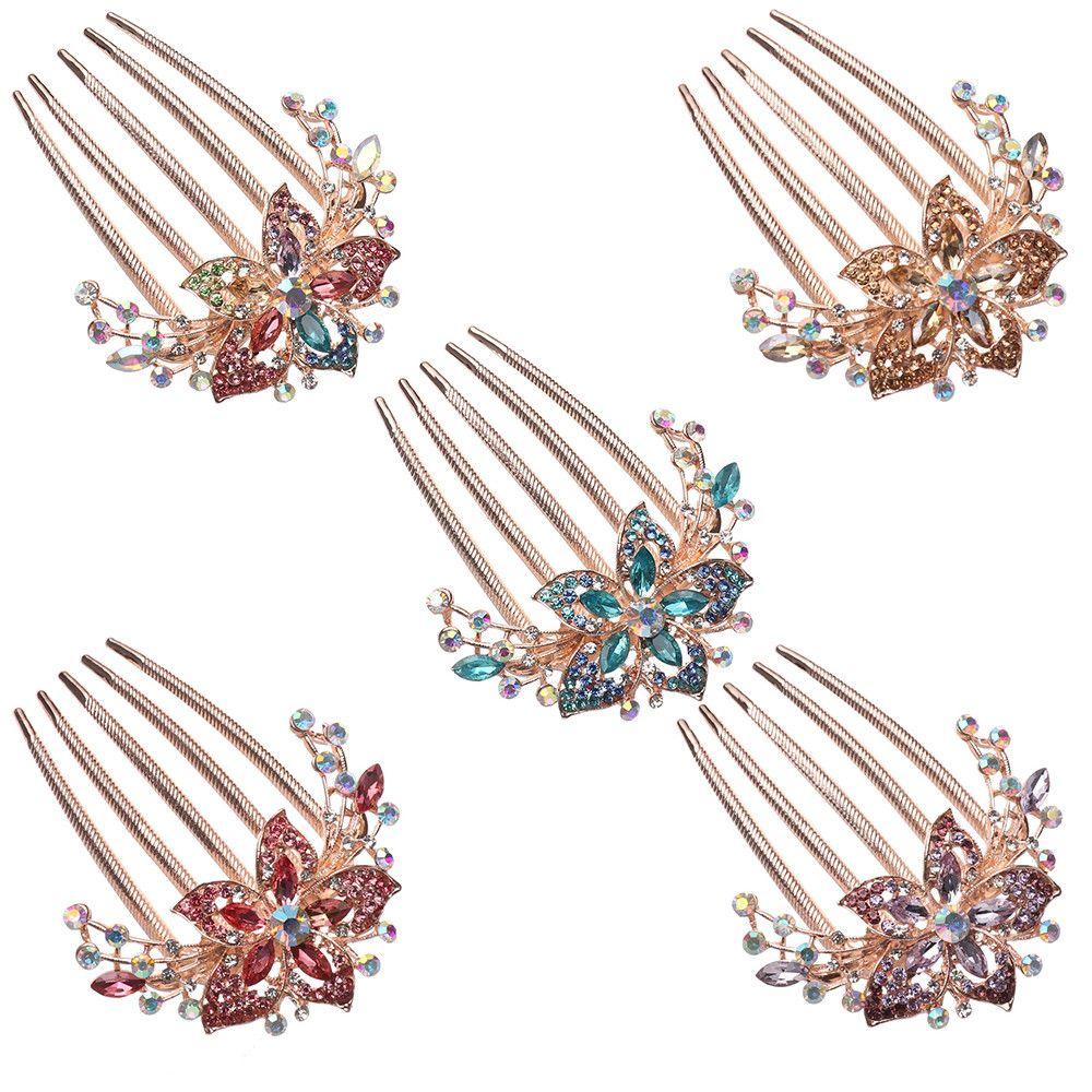 Luxury Elegant Hair Accessories Hairpin Inlaid Flower Shiny Rhinestone Hair Comb