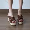 Fashion Women's Thick Bottom Slippers Summer Outdoor Wear Roman Straw Weave Wedges High Heels Sandals Casual Heightening Brown Slides