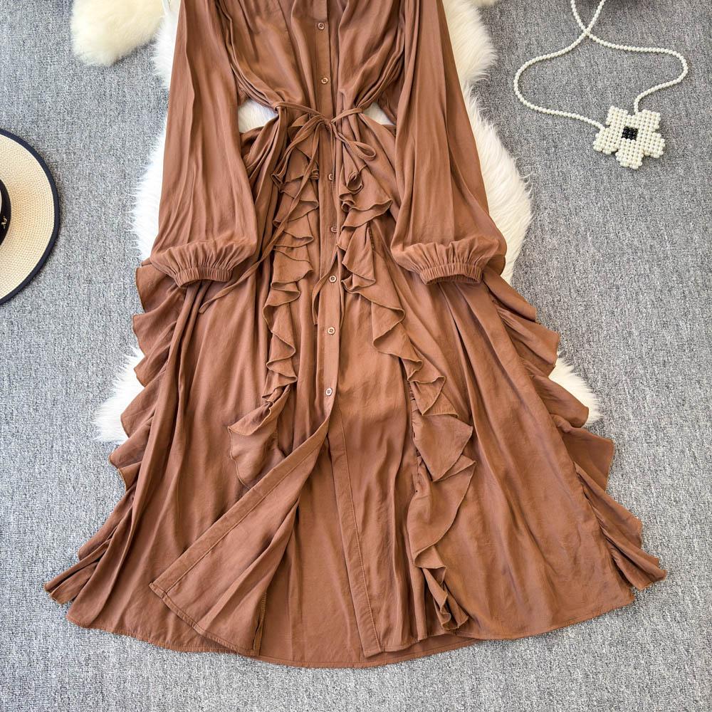 Нежный стиль, темперамент, рукава-фонарики, воротник-стойка, присборенная талия, А-силуэт, оборки по краю, шифоновое платье, элегантные большие свободные длинные платья