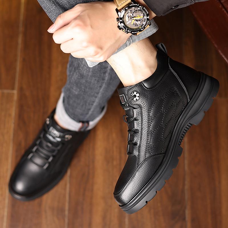 Мужская зимняя обувь, первый слой из коровьей кожи, мужские флисовые теплые высокие кожаные ботинки, флисовые зимние ботинки, обувь для папы