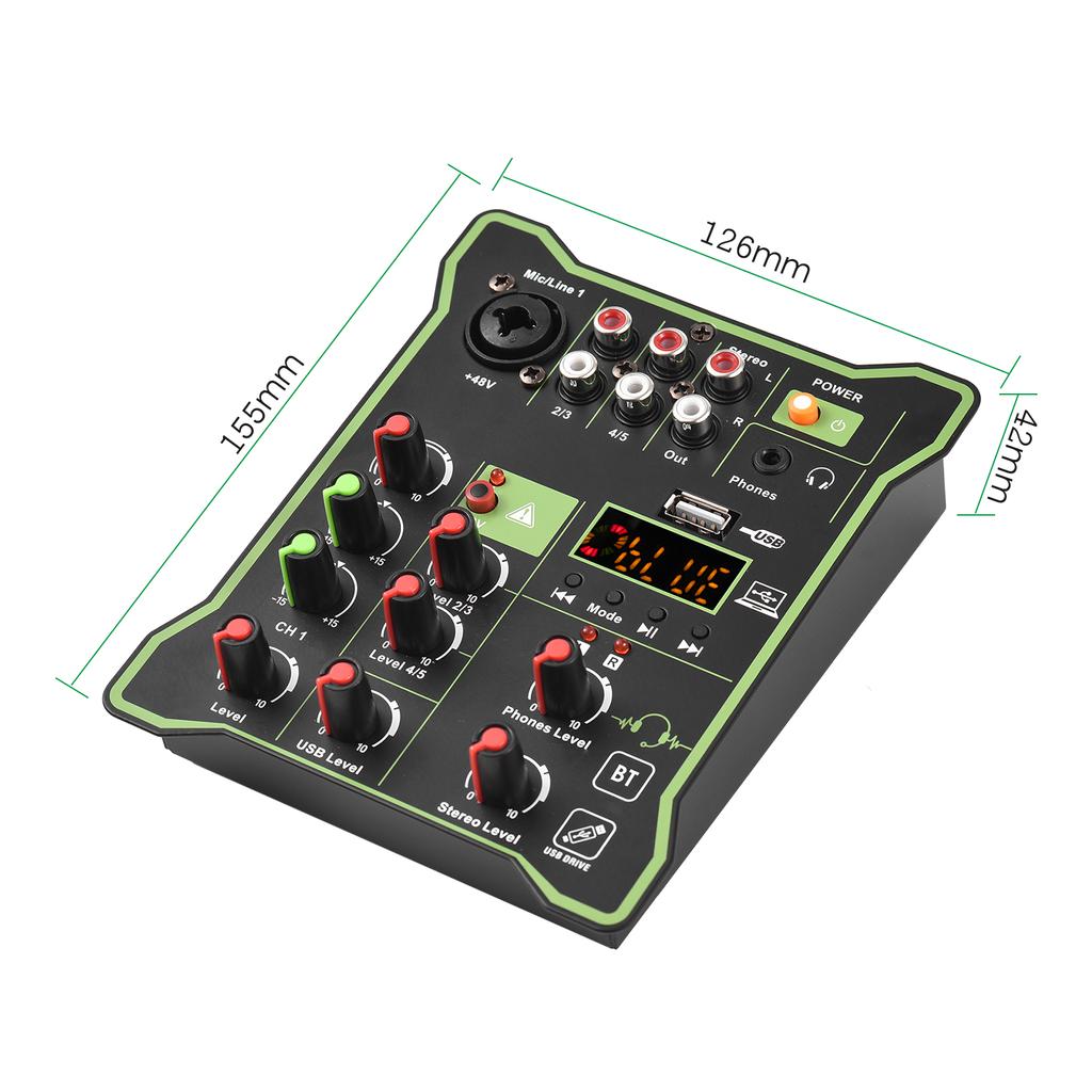 5-канальный компактный аудиомикшер, консоль для микширования звука, фантомное питание, 48 В, USB-аудиоинтерфейс, светодиодная подсветка