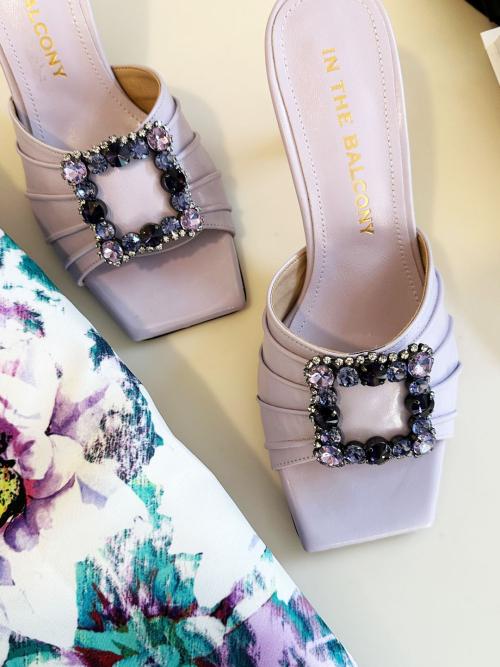 In The Balcony Belinda Lilac Purple Square Pleated Slipper Mule Pumps 6Cm
