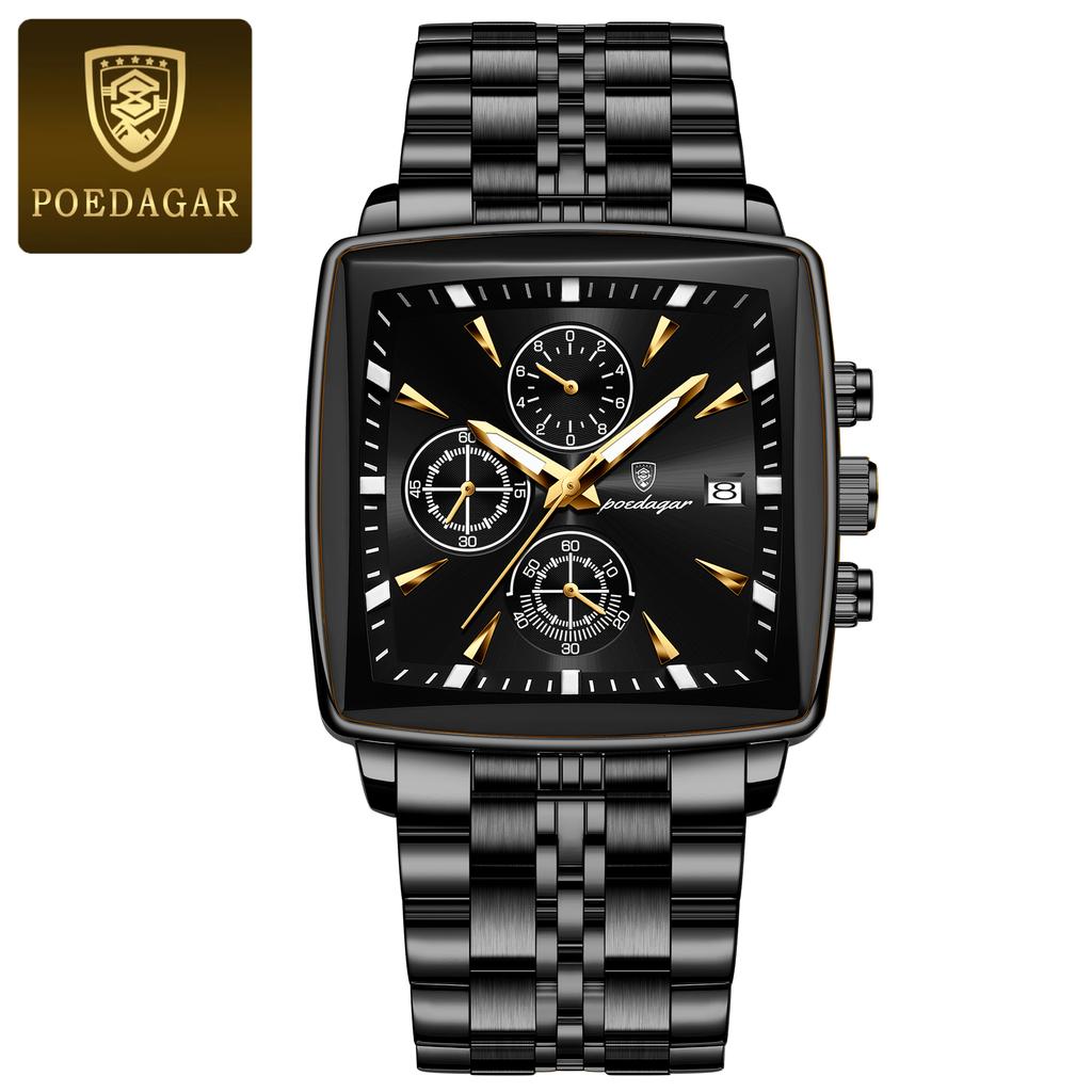 POEDAGAR Luxury Business Man Wristwatch Chronograph Waterproof Luminous Calendar Watch For Men Square Quartz Men's Watches