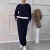 2 Pcs/Set Women Top Pants Suit Round Neck Long Sleeves Contrast Color