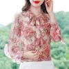 Floral Print Chiffon Shirt Women's Spring/Summer New Korean Scarf Collar Bow Top Fashion Loose Long Sleeve Bottoming Blouse