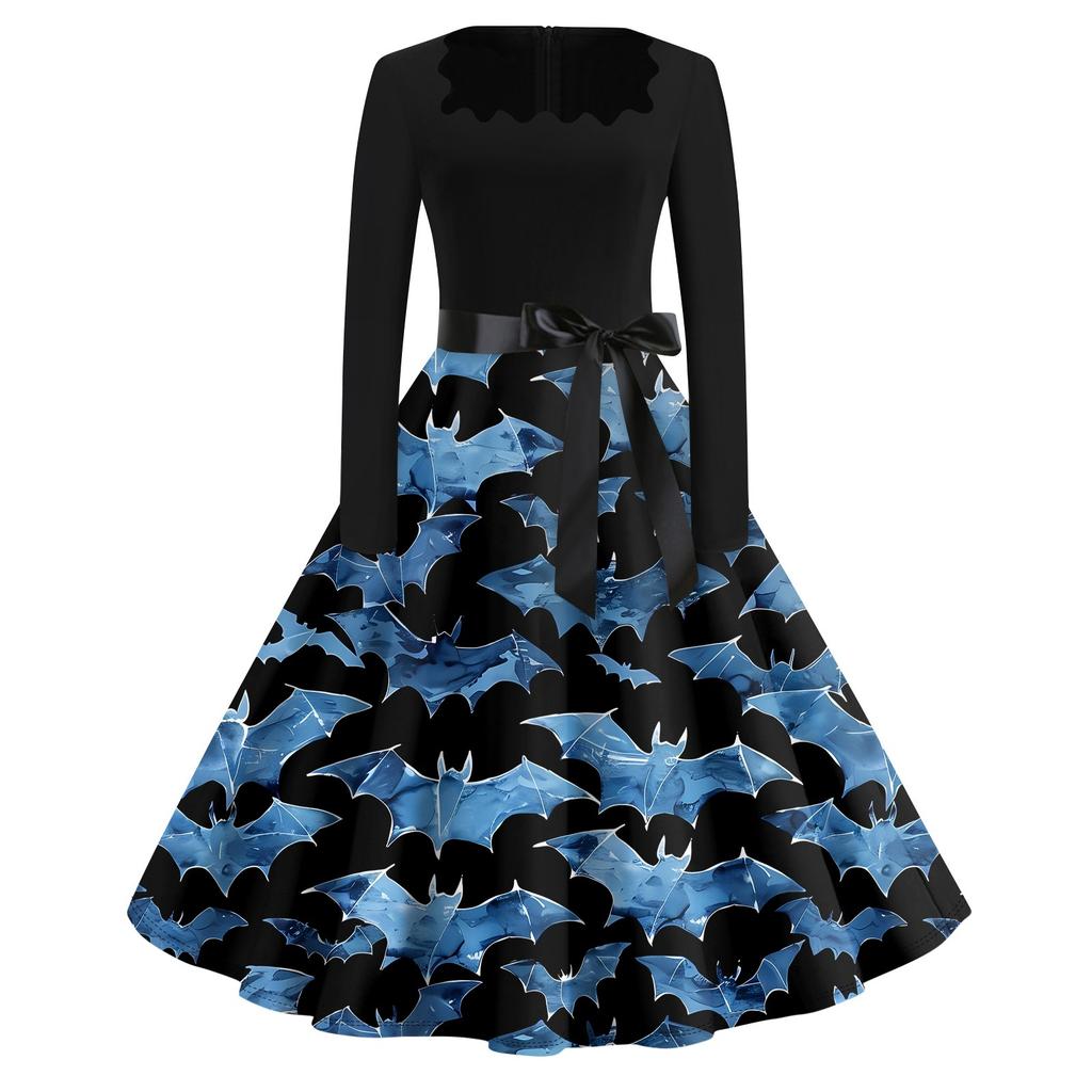 Платье с расклешенным принтом на Хэллоуин для женщин, платье с длинным рукавом, полые вечерние повседневные платья