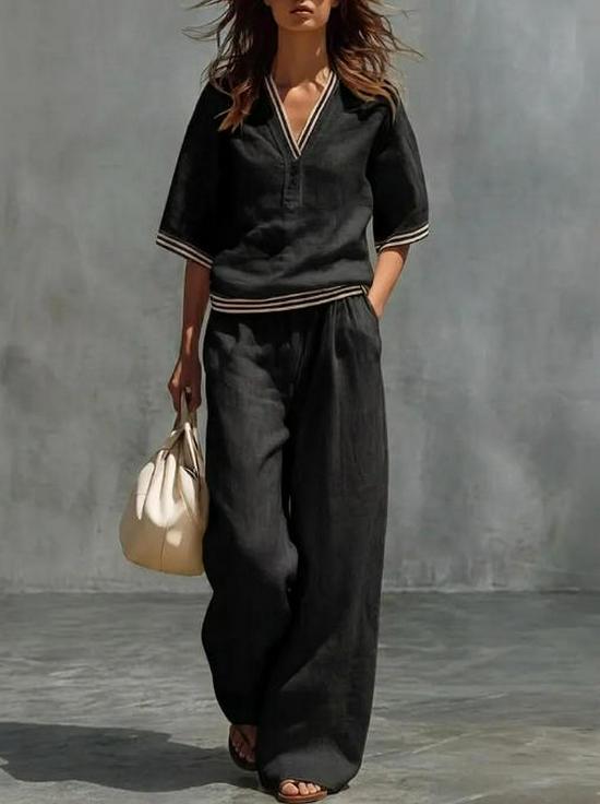 2026 Spring/Summer Linen V-Neck Casual Women's Suit Set with Solid Wide-Leg Pants – European and American Style Two-Piece