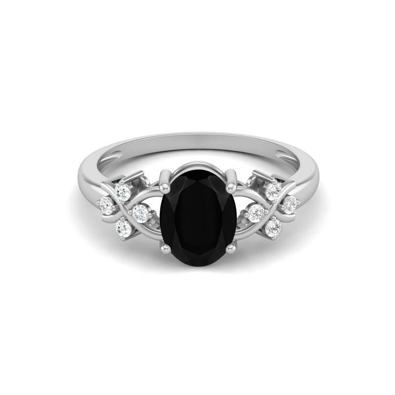 8X6MM Oval Black Spinel Gemstone 925 Sterling Silver Solitaire Halo Women Engagement Ring