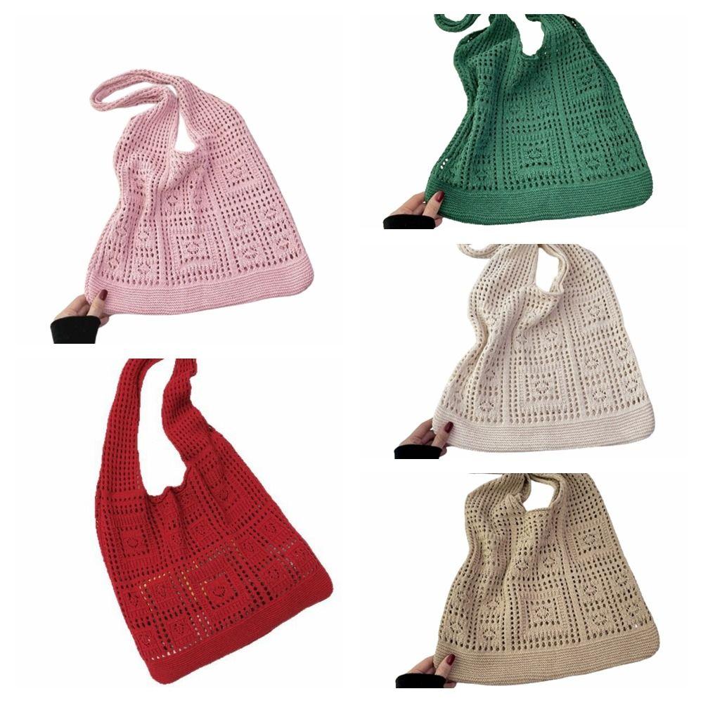 Woven Crochet Mesh Bag Solid Color Shopping Handbag Simple Knitting Shoulder Bag Summer