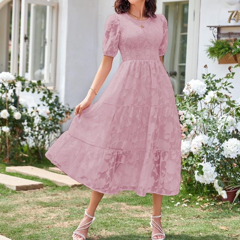 YYFS Женская мода лето весна однотонный принт с коротким рукавом и круглым вырезом с высокой талией повседневные платья