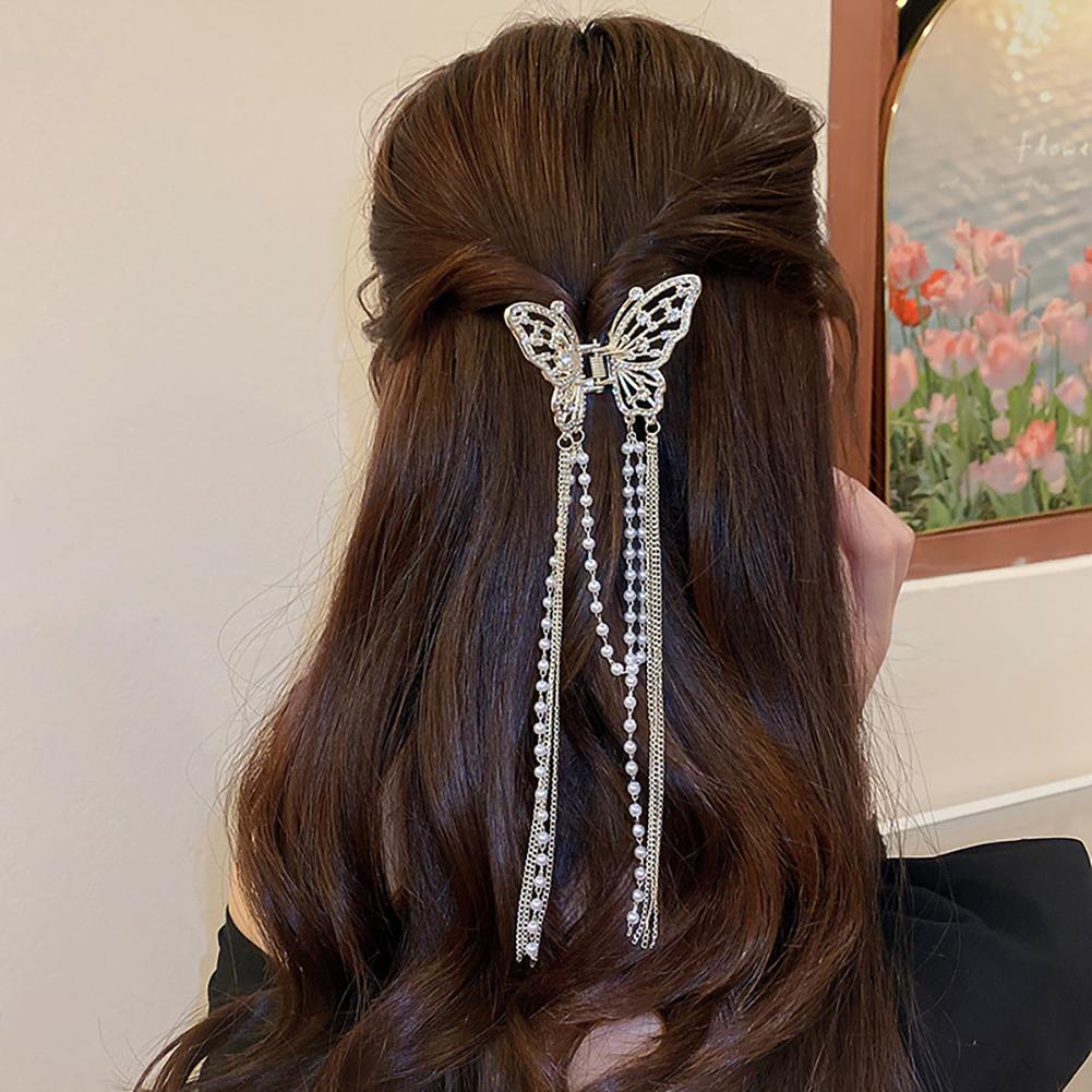 Rhinestone Butterfly Pearl Fringe Hairpin Fashionable Temperamental Hair Claw Clip Headwear Hair Accessory for Women