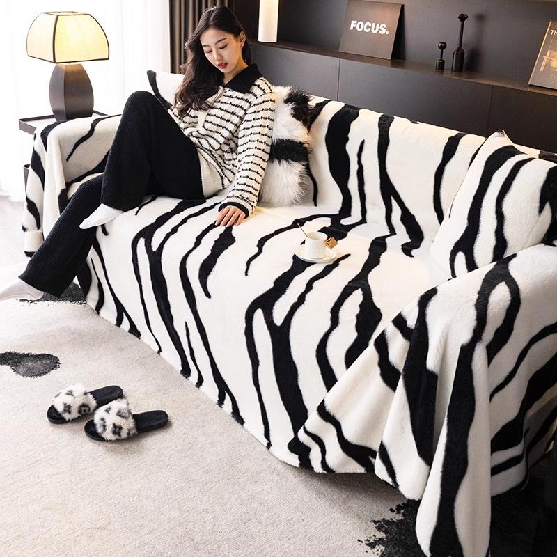 Plush Sofa Cover Cloth Autumn and Winter Zebra Pattern Light Luxury High Sense Bunny Cashmere One Piece Non-Slip Full Cover Sofa Cover