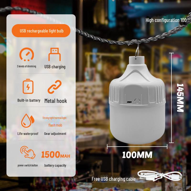 Перезаряжаемая светодиодная аварийная лампочка USB для кемпинга на открытом воздухе, ночных рынков и беспроводного энергосберегающего освещения